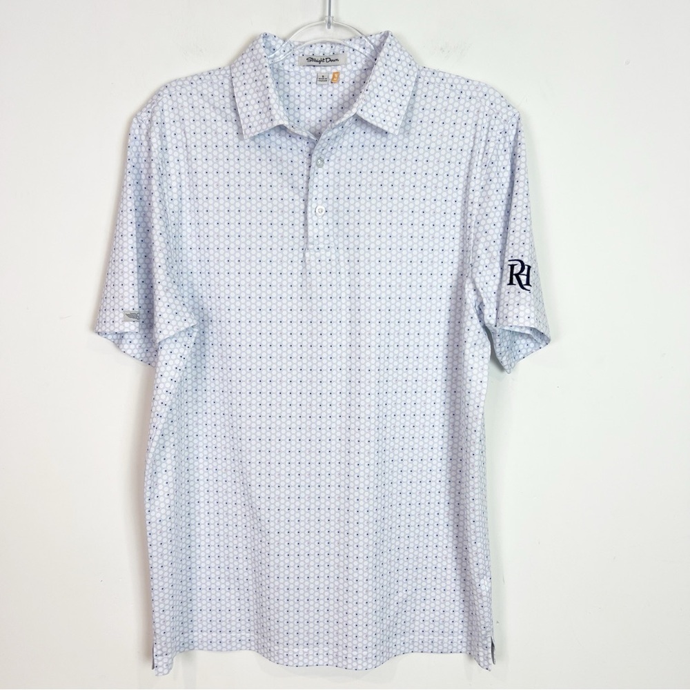 STRAIGHT DOWN WHITE GEOMETRIC PRINT POLO GOLF SHIRT RHCC MENS SMALL